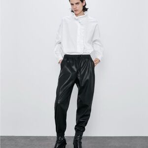 ZARA Faux Leather Jogger Trouser XS Black Drawstring Elastic Waist #8004